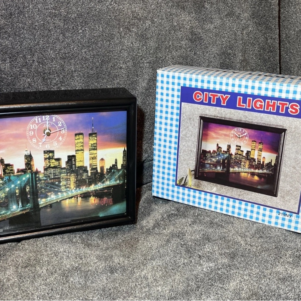 Lighted New York City Skyline TWIN TOWER'S Framed Picture Print W/Clock